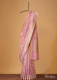 Peach Pink Handloom Banarasi Saree In Uppada Silk With Meenakari Rose Gold Weave And Unstitched Blouse