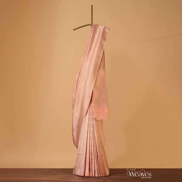 Peach Pink Handloom Banarasi Saree In Uppada Silk With Brocade Weave And Unstitched Blouse