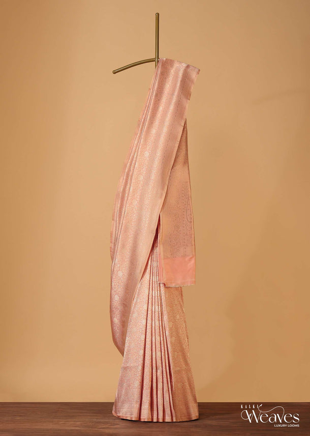 Peach Pink Handloom Banarasi Saree In Uppada Silk With Brocade Weave And Unstitched Blouse