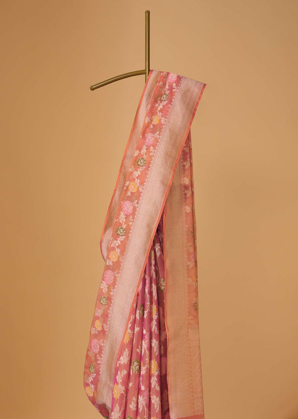 Peach Pink Handloom Banarasi Saree In Kora Silk With Meenakari Weave And Unstitched Blouse