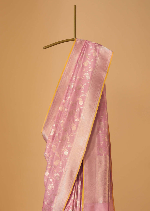 Peach Pink Handloom Banarasi Saree In Uppada Silk With Meenakari Rose Gold Weave And Unstitched Blouse