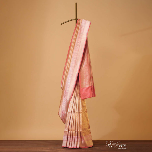 Peach Pink Handloom Banarasi Saree In Uppada Silk With Brocade Weave And Unstitched Blouse