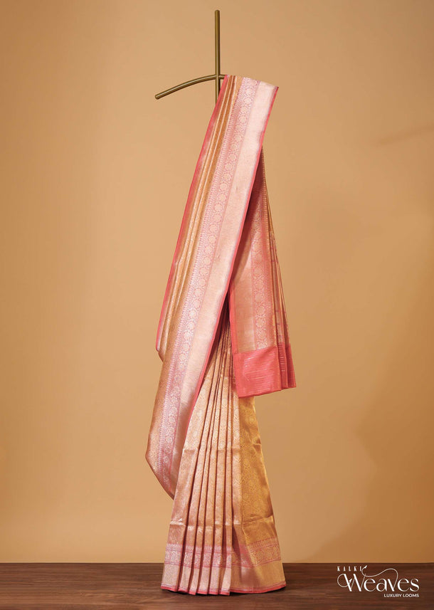 Peach Pink Handloom Banarasi Saree In Uppada Silk With Brocade Weave And Unstitched Blouse