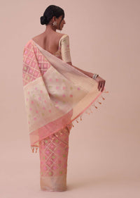 Peach Pink Kora Cotton Silk Saree With Meenakari Butti All over