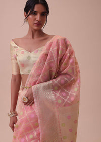 Peach Pink Kora Cotton Silk Saree With Meenakari Butti All over