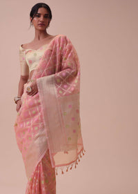 Peach Pink Kora Cotton Silk Saree With Meenakari Butti All over