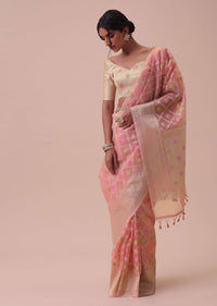 Peach Pink Kora Cotton Silk Saree With Meenakari Butti All over