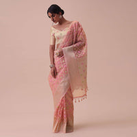 Peach Pink Kora Cotton Silk Saree With Meenakari Butti All over