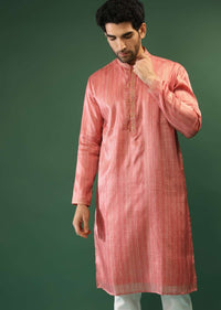 Peach Pink Kurta Set In Silk With Stripe Print And Multi Colored Thread Work In Floral Motifs On The Placket Online - Kalki Fashion