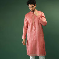 Peach Pink Kurta Set In Silk With Stripe Print And Multi Colored Thread Work In Floral Motifs On The Placket Online - Kalki Fashion