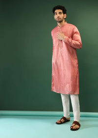 Peach Pink Kurta Set In Silk With Stripe Print And Multi Colored Thread Work In Floral Motifs On The Placket Online - Kalki Fashion