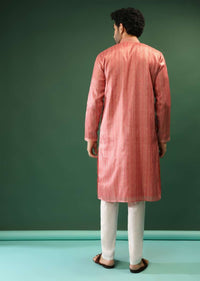 Peach Pink Kurta Set In Silk With Stripe Print And Multi Colored Thread Work In Floral Motifs On The Placket Online - Kalki Fashion