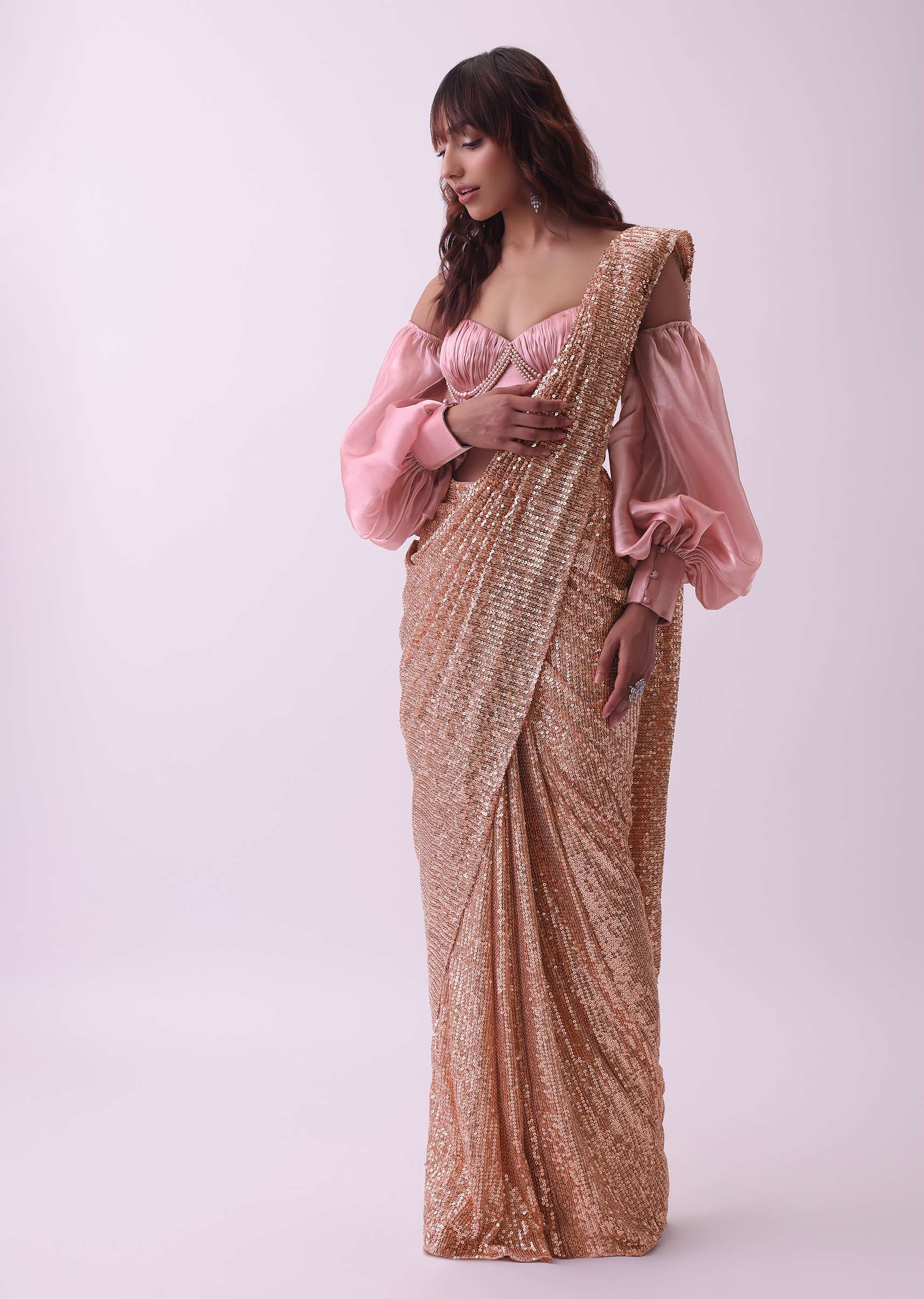 Peach Pink Pre Stitched Cocktail Saree In Sequins With Rushing Blouse