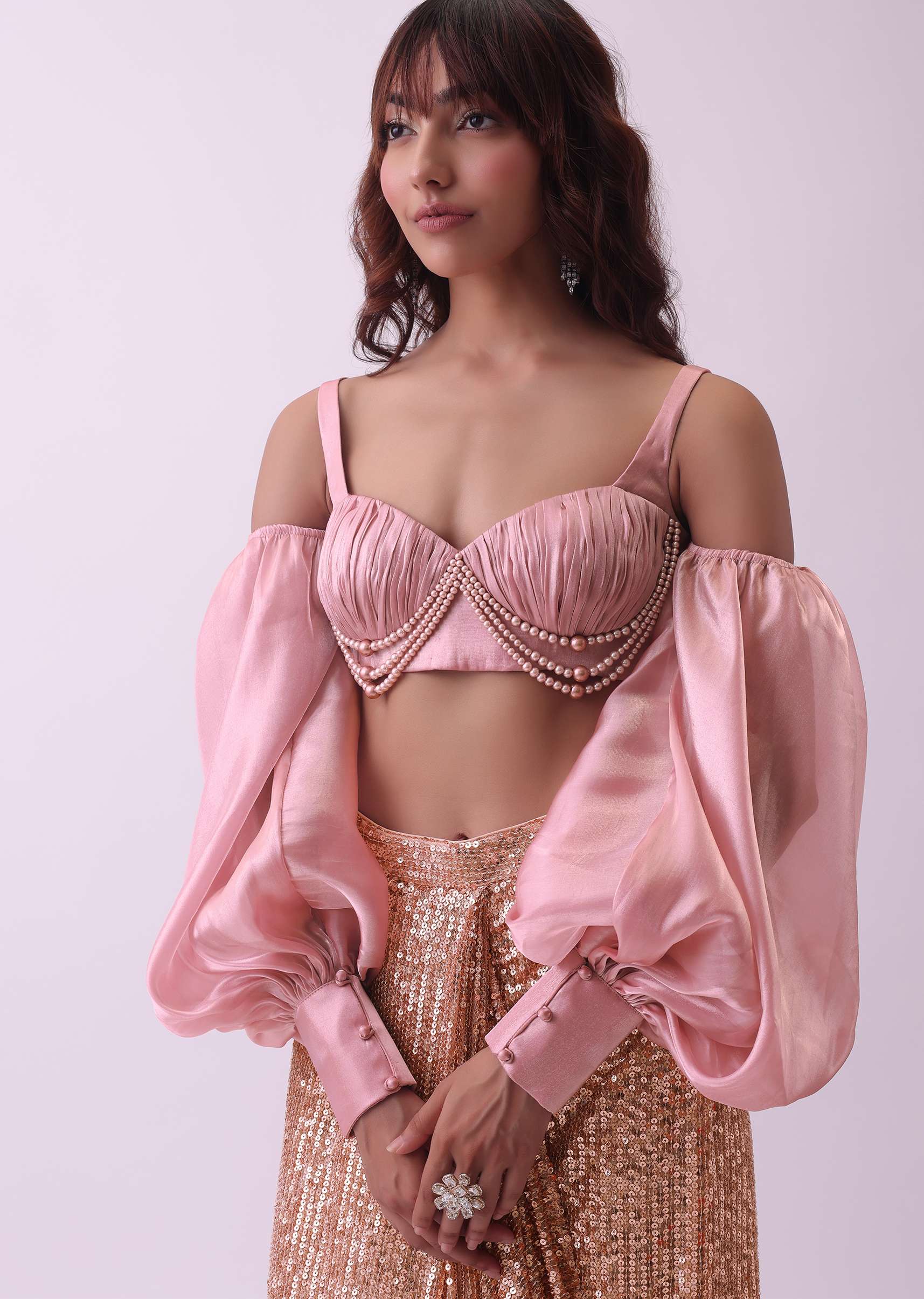 Peach Pink Pre Stitched Cocktail Saree In Sequins With Rushing Blouse