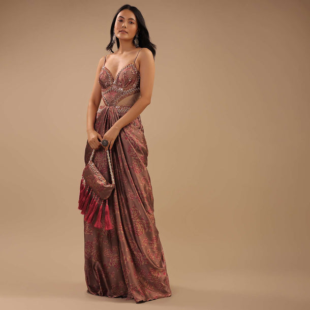 Peach Pink Satin Sharara Jumpsuit With Floral Print And Cowl Drape On The Waist