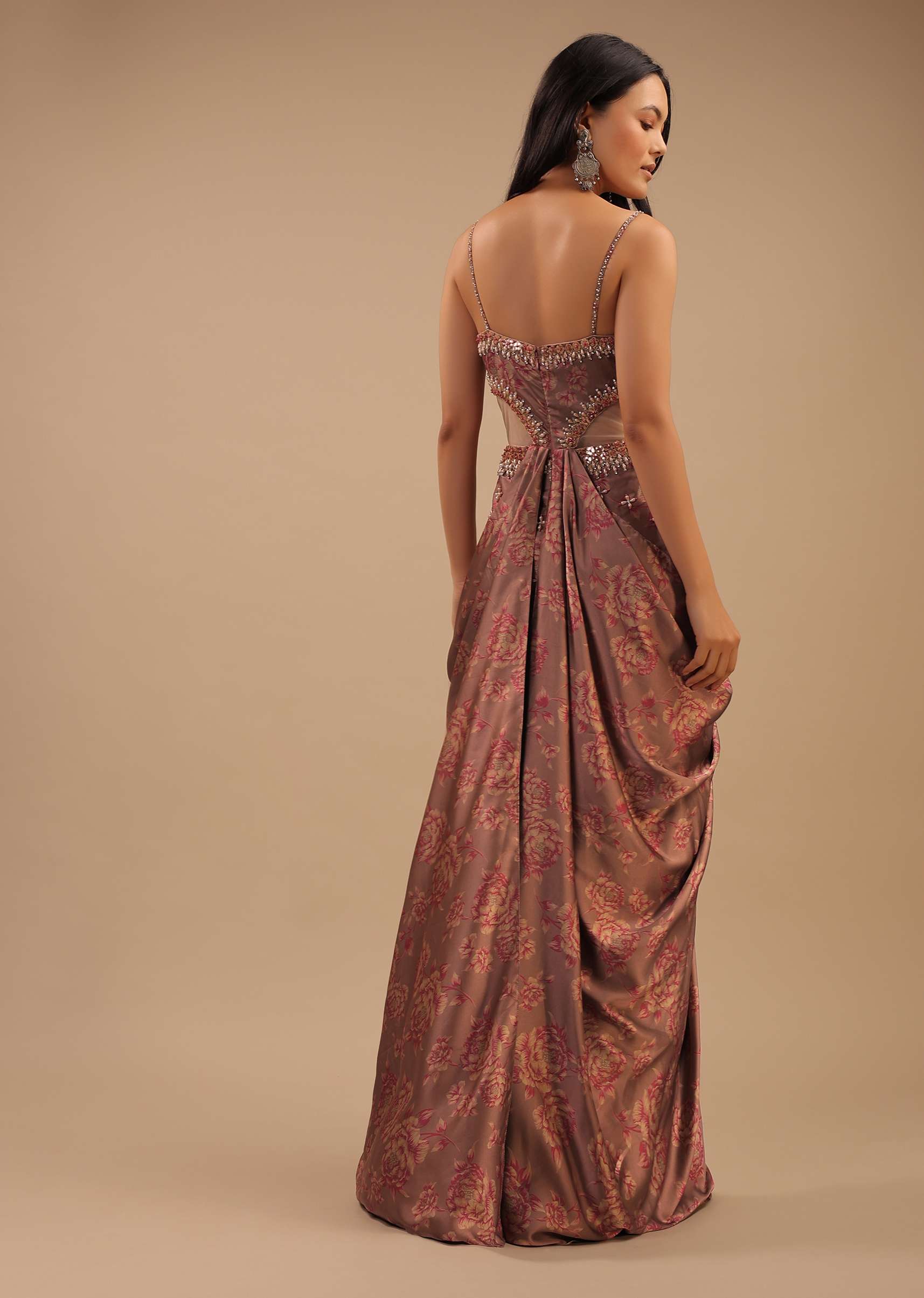 Peach Pink Satin Sharara Jumpsuit With Floral Print And Cowl Drape On The Waist