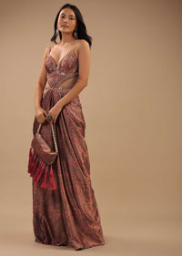 Peach Pink Satin Sharara Jumpsuit With Floral Print And Cowl Drape On The Waist