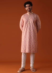 Peach Pink Sequins Embroidered Kurta Set In Silk