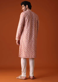 Peach Pink Sequins Embroidered Kurta Set In Silk