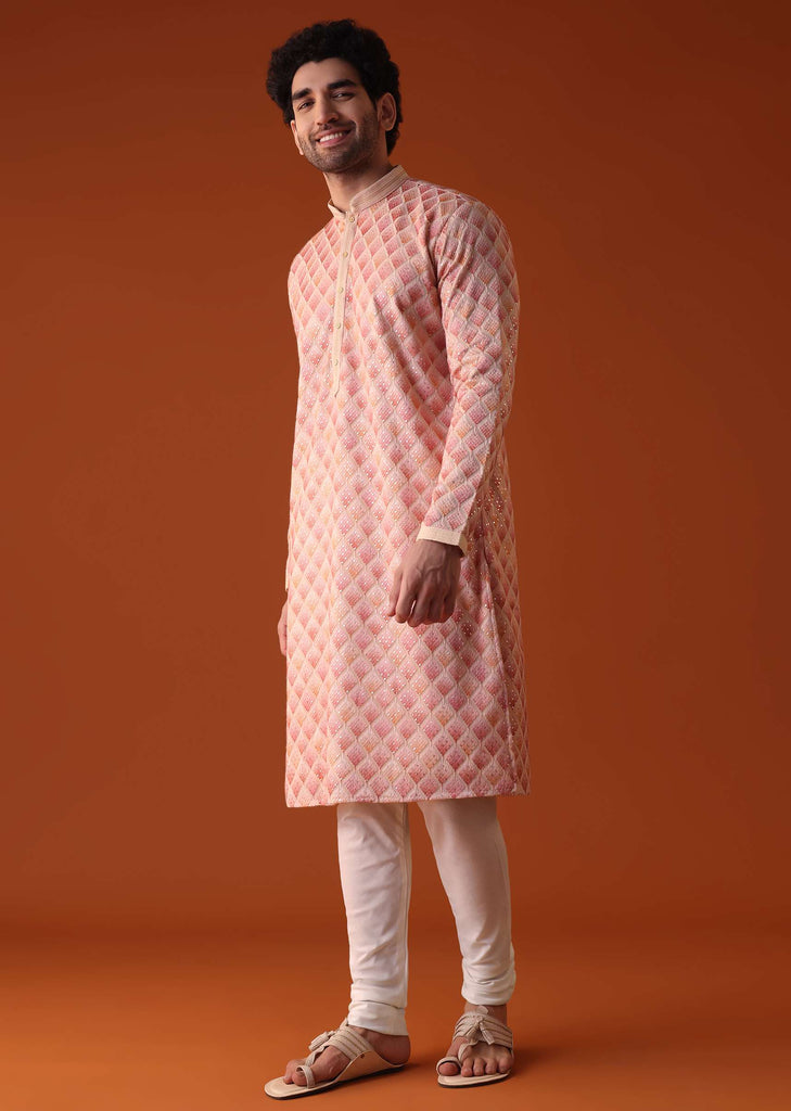 Peach Pink Sequins Embroidered Kurta Set In Silk