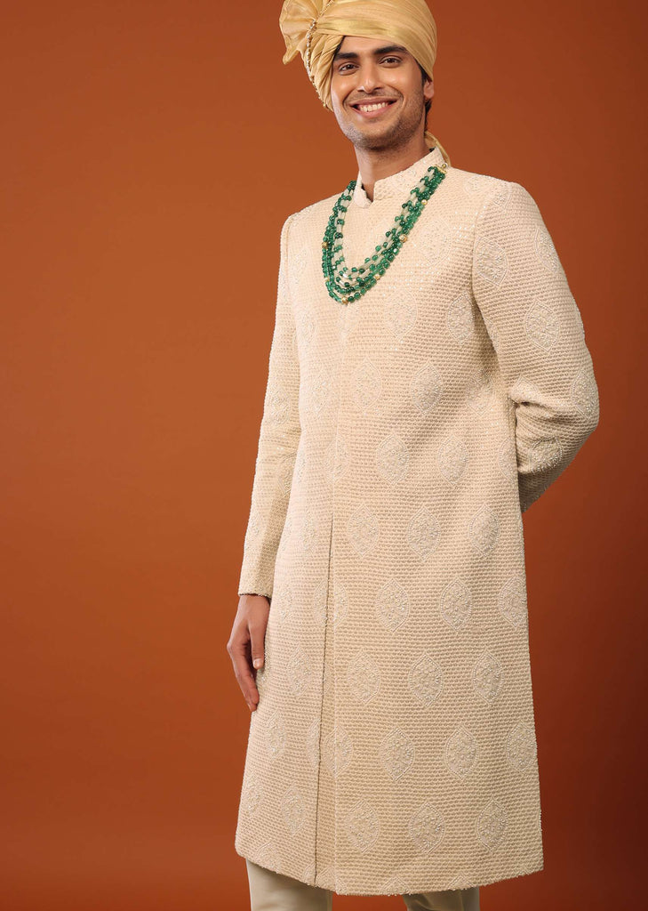 Peach Pink Sherwani Set In Textured Silk With Embroidery
