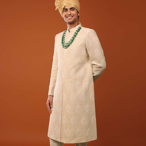 Peach Pink Sherwani Set In Textured Silk With Embroidery