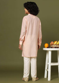 Peach Pink Silk Kurta And Pant Set With Threadwork