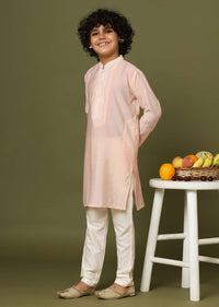 Peach Pink Silk Kurta And Pant Set With Threadwork