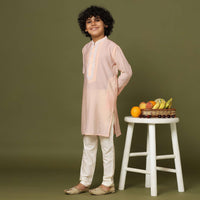 Peach Pink Silk Kurta And Pant Set With Threadwork