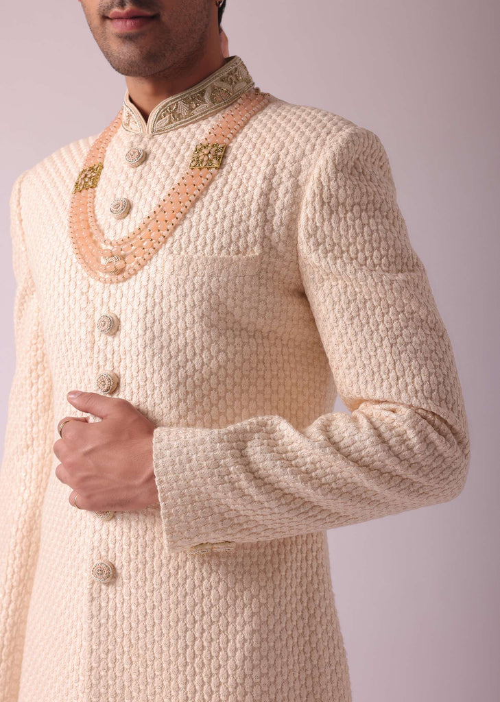 Peach Pink Silk Sherwani With Thread Embroidery