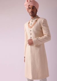 Peach Pink Silk Sherwani With Thread Embroidery