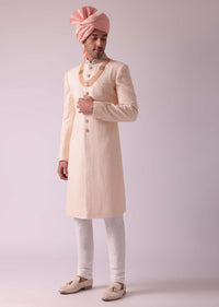 Peach Pink Silk Sherwani With Thread Embroidery