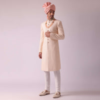 Peach Pink Silk Sherwani With Thread Embroidery