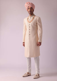 Peach Pink Silk Sherwani With Thread Embroidery