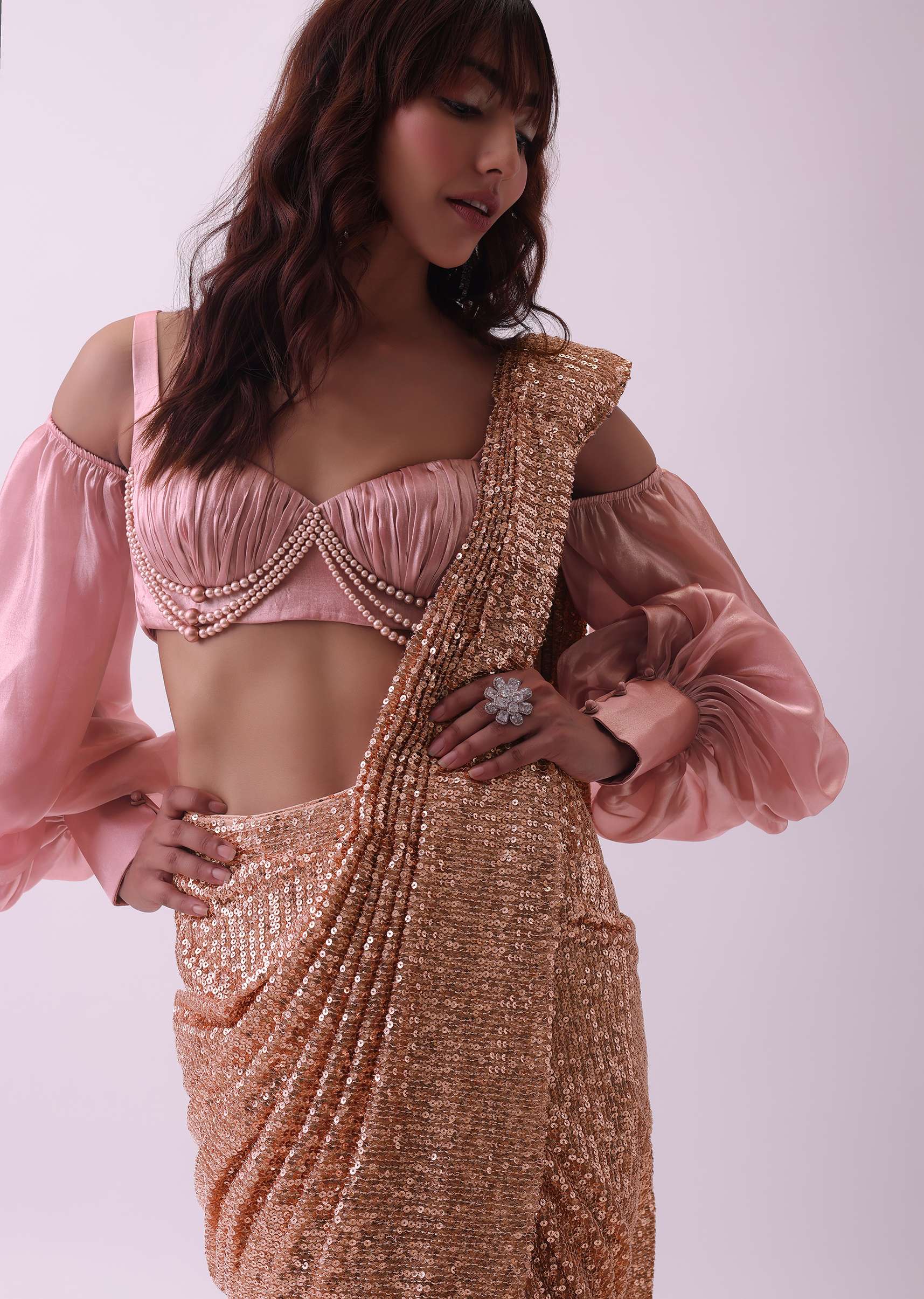 Peach Pink Pre Stitched Cocktail Saree In Sequins With Rushing Blouse