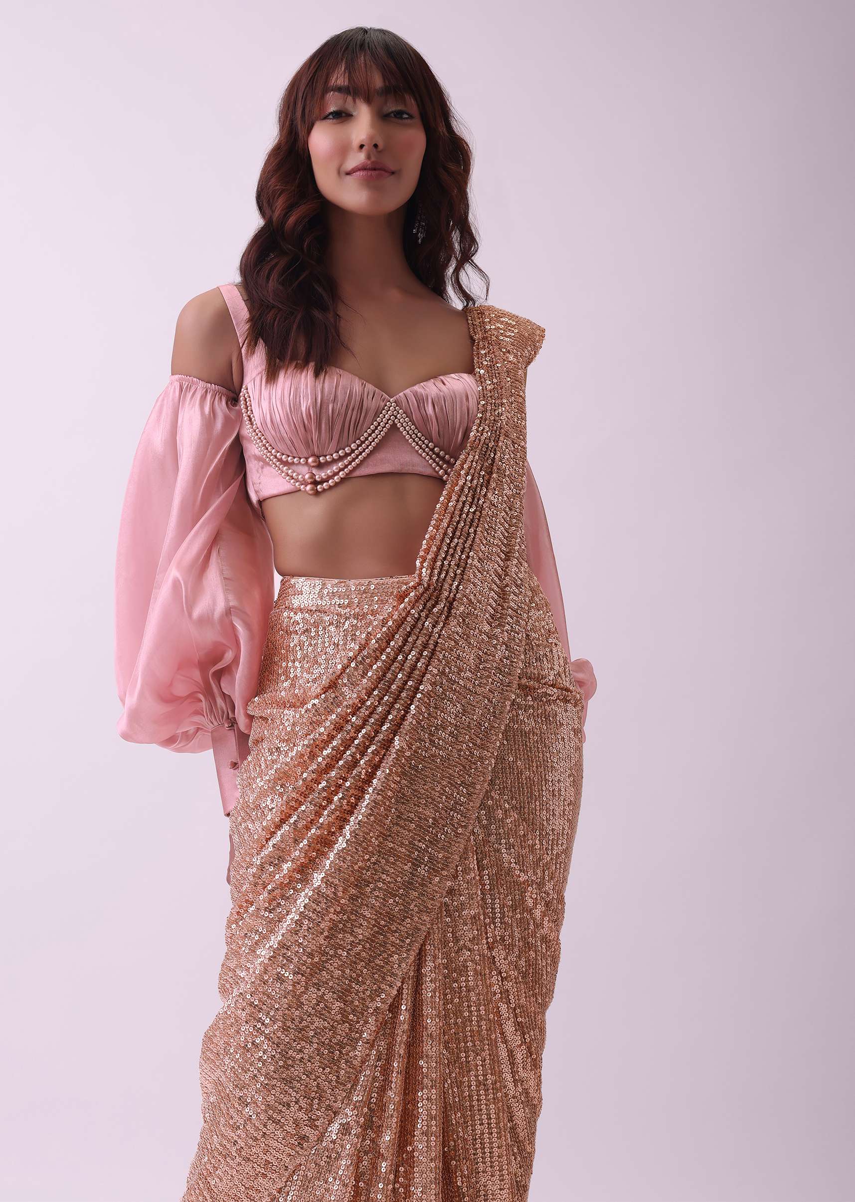 Peach Pink Pre Stitched Cocktail Saree In Sequins With Rushing Blouse