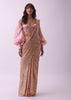 Peach Pink Pre Stitched Cocktail Saree In Sequins With Rushing Blouse