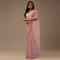 Peach Pink Stone And Beads Embellished Net Saree