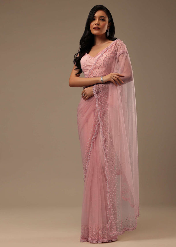 Peach Pink Stone And Beads Embellished Net Saree