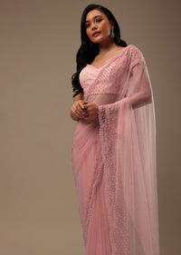 Peach Pink Stone And Beads Embellished Net Saree