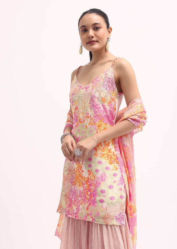 Peach Printed Chanderi Kurta Sharara Set