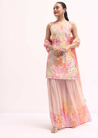 Peach Printed Chanderi Kurta Sharara Set