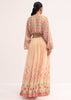 Peach Printed Chiffon Crop Top And Skirt