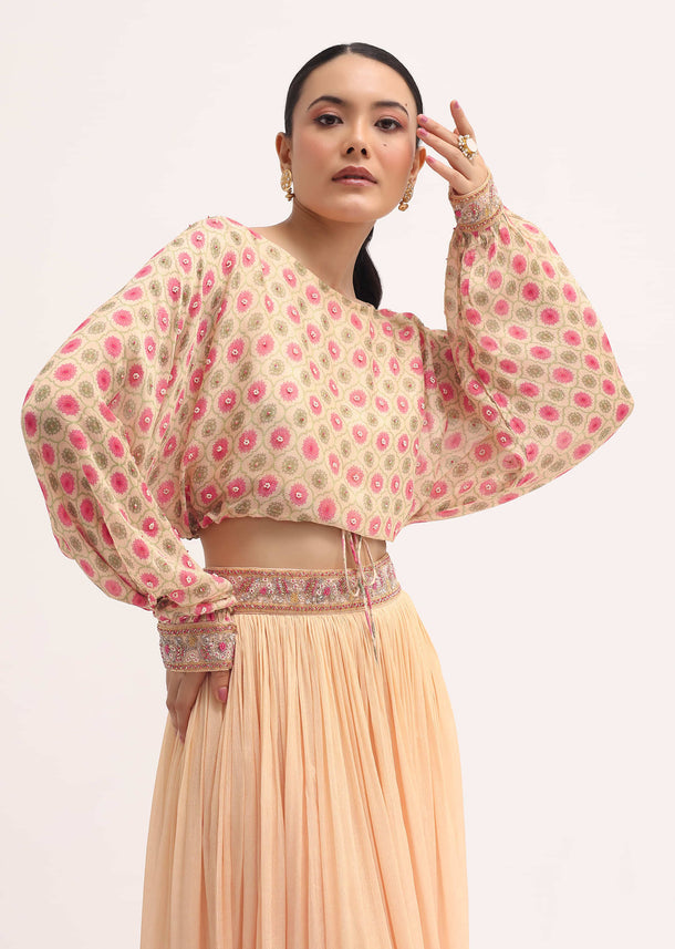 Peach Printed Chiffon Crop Top And Skirt