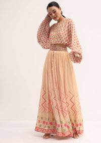 Peach Printed Chiffon Crop Top And Skirt