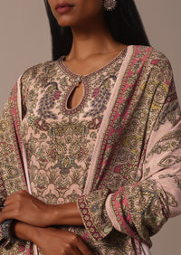 Peach Printed Embellished Kurta Palazzo Set