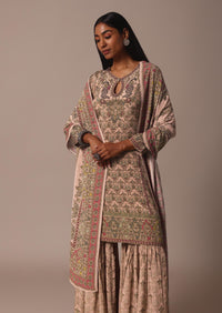 Peach Printed Embellished Kurta Palazzo Set