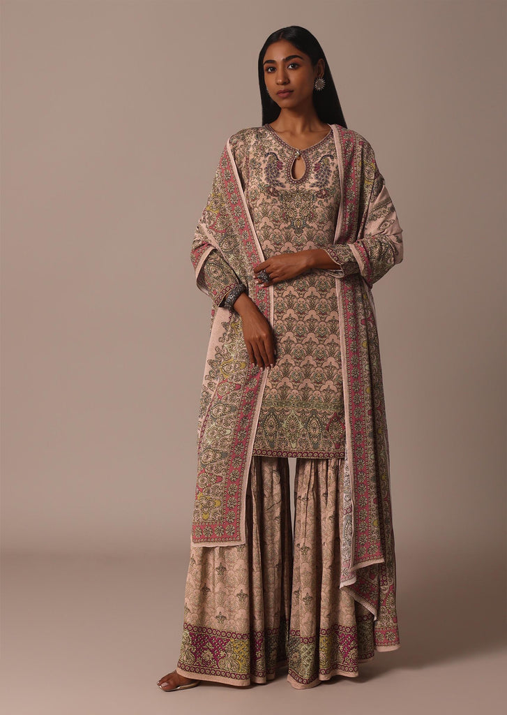 Peach Printed Embellished Kurta Palazzo Set