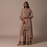 Peach Printed Embellished Kurta Palazzo Set