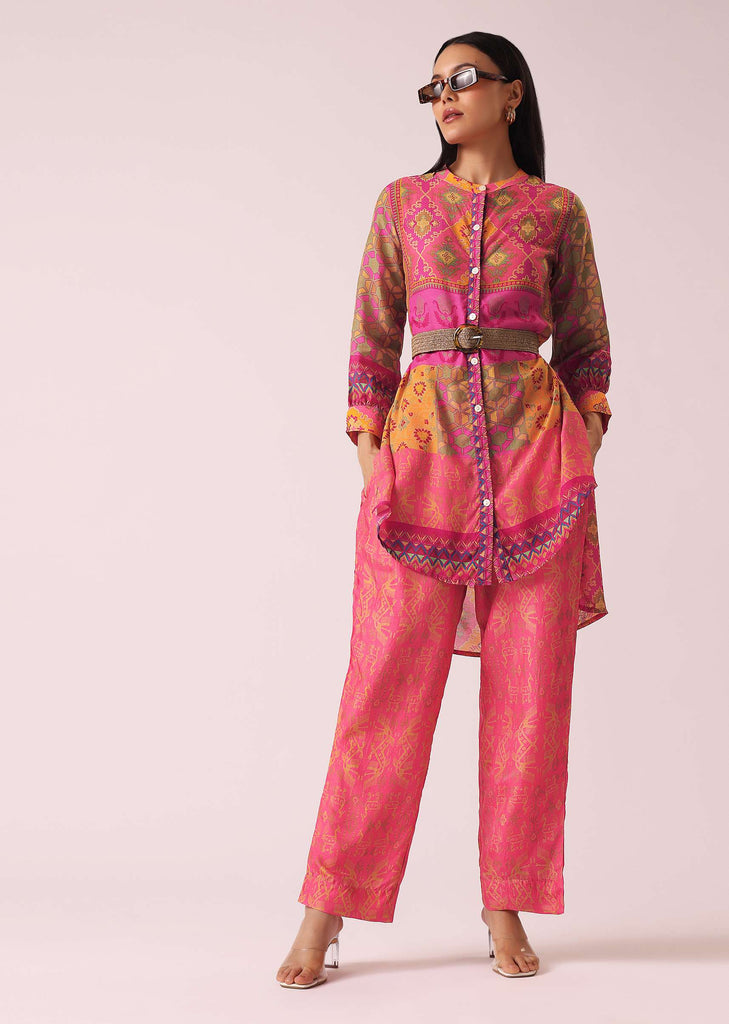 Peach Printed co ord set in Tussar Silk